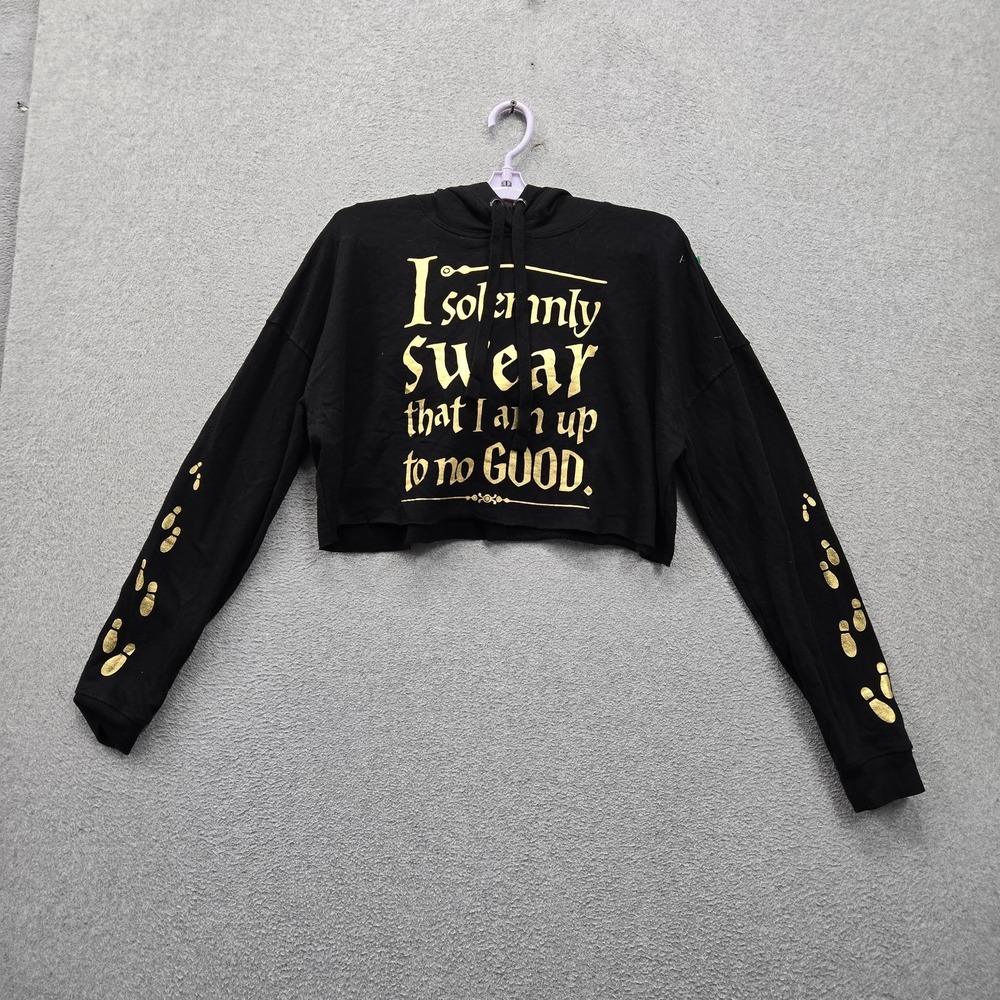 Harry Potter Women Hoodie S Black Graphic Crop Indie Sleaze Logo Cropped